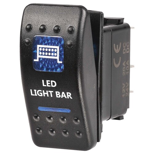 Narva 12V Illuminated Off/On Sealed Rocker Switch with "LED Light Bar" Symbol (Blue) - 63145BL