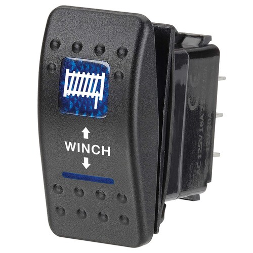 Narva 12V Illuminated Momentary On/Off/On Sealed Rocker Switch with Winch Symbol - 63148BL