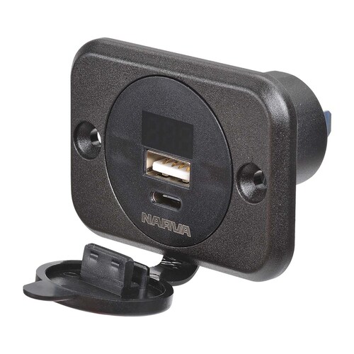 Narva Heavy-Duty USB/USB-C Socket with Volt/Amp Meter - 81106BL