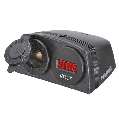 Narva Heavy-Duty Surface Mount Accessory Socket and 12/24V DC LED Volt Meter - 81169BL