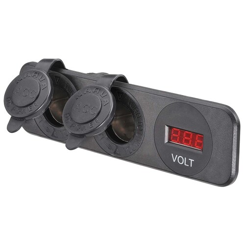 Narva Heavy-Duty Twin Accessory Sockets with 12/24V DC LED Volt Meter - 81180BL
