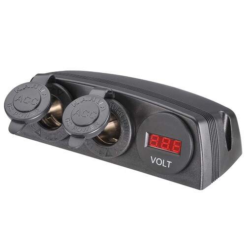 Narva Heavy-Duty Twin Surface Mount Accessory Sockets & 12/24V DC LED Volt Meter - 81190BL