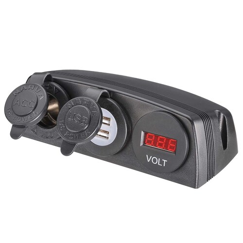 Narva Heavy-Duty Surface Mount Dual USB Sockets & 12/24V DC LED Volt Meter - 81191BL