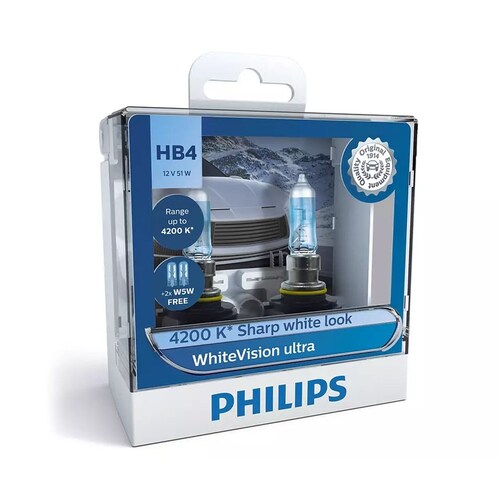 Philips Whitevision Ultra 12V Hb4 51W 4200K Headlight Globes With 2X W5W Park (Twin Pack) Pair 9006WVUSM