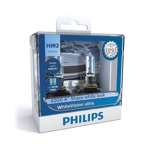 Philips Whitevision Ultra 12V Hir2 55W 4200K Headlight Globes With 2X W5W Park (Twin Pack) Pair 9012WVUSM