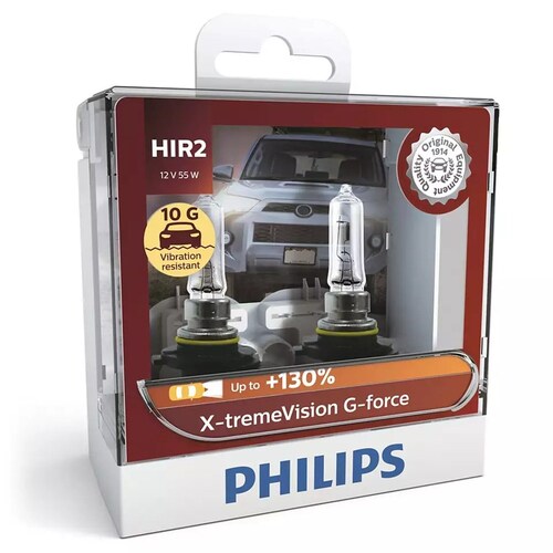 Philips X-Tremevision G-Force 12V Hir2 55W Vibration Resistant +130% Headlight Globes (Twin Pack) Pair 9012XVGS2