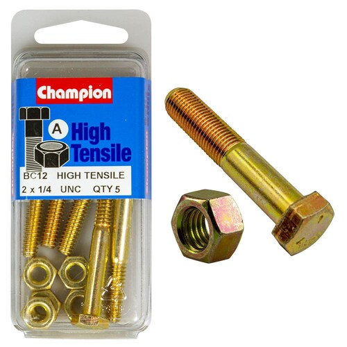 Champion Fasteners Pack Of 5 1/4" X 2" Unc High Tensile Grade 5 Hex Bolts And Nuts BC12