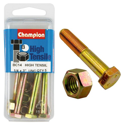 Champion Fasteners Pack Of 5 1/4" X 3" Unc High Tensile Grade 5 Hex Bolts And Nuts BC14