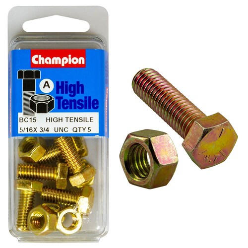 Champion Fasteners Pack Of 5 5/16" X 3/4" Unc High Tensile Grade 5 Hex Set Screws And Nuts BC15