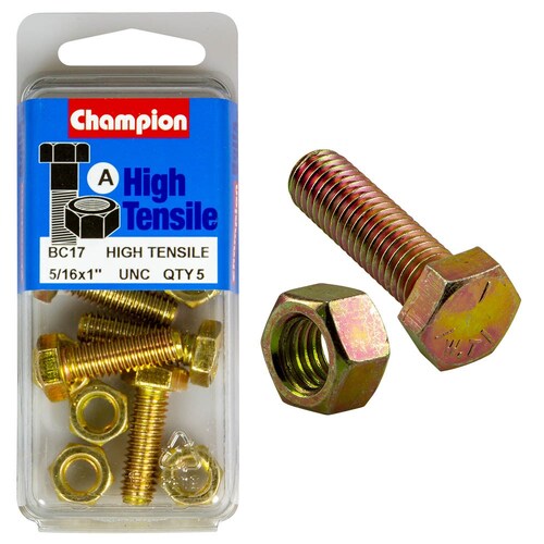 Champion Parts Hex Set Screw & Nut (5PK) High Tensile 5/16" x 1" UNC Grade 5 BC17