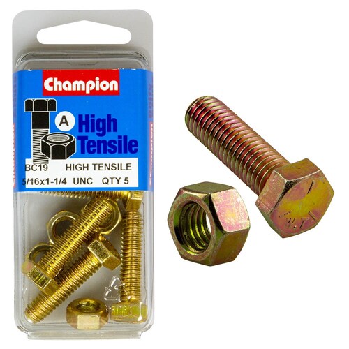 Champion Fasteners Pack Of 5 5/16" X 1-1/4" High Tensile Grade 5 Hex Set Screws And Nuts BC19
