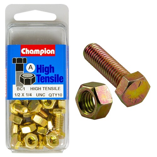 Champion Fasteners Pack of 5 1/4" X 1/2" Unc High Tensile Grade 5 Hex Set Screws And Nuts - Zinc Plated BC1
