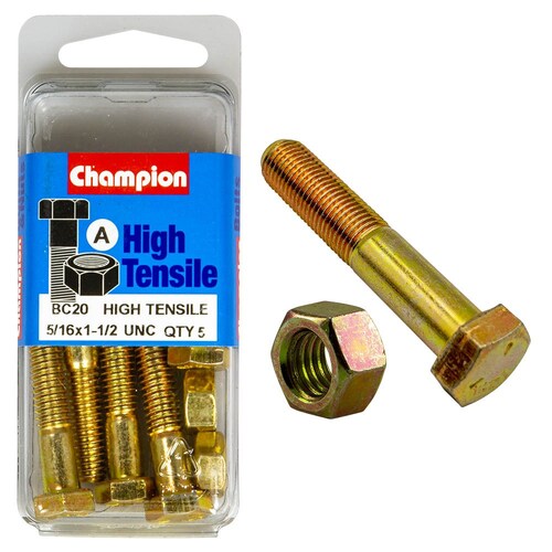 Champion Fasteners Pack Of 5 5/16" X 1-1/2" Unc High Tensile Grade 5 Hex Bolts And Nuts BC20