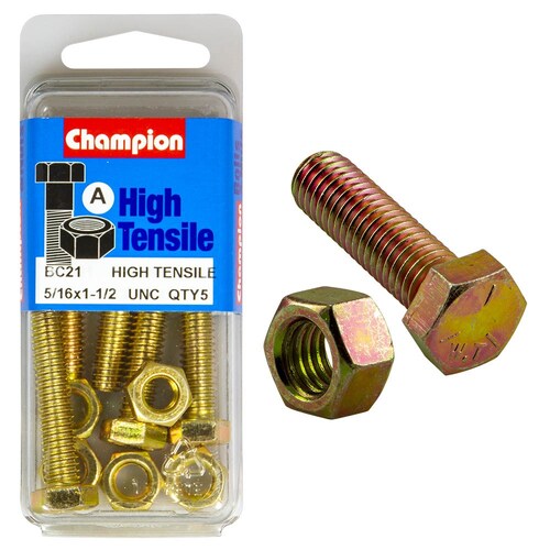 Champion Parts Hex Set Screw & Nut (5PK) High Tensile 5/16" x 1-1/2" UNC Grade 5 BC21