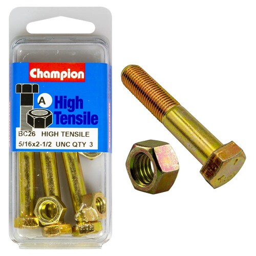 Champion Fasteners Pack Of 3 5/16" X 2-1/2" Unc High Tensile Grade 5 Hex Bolts And Nuts - Zinc Plated BC26