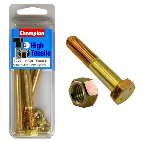 Champion Fasteners Pack Of 3 5/16" X 3-1/2" Unc High Tensile Grade 5 Hex Bolts And Nuts - Zinc Plated 3PK BC29