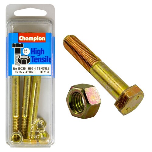Champion Fasteners Pack Of 3 5/16" X 4" Unc High Tensile Grade 5 Hex Bolts And Nuts - Zinc Plated BC30