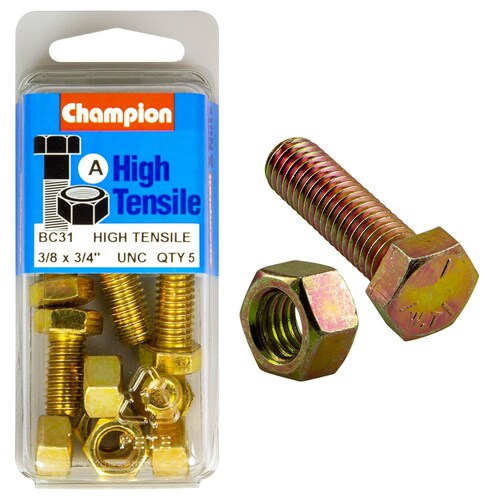 Champion Fasteners Pack Of 5 3/8" X 3/4" Unc High Tensile Grade 5 Hex Set Screws And Nuts - Zinc Plated (5 Pack) 5PK BC31