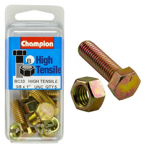 Champion Fasteners Pack of 5 3/8" X 1" Unc High Tensile Grade 5 Hex Set Screws And Nuts - Zinc Plated 5PK BC33