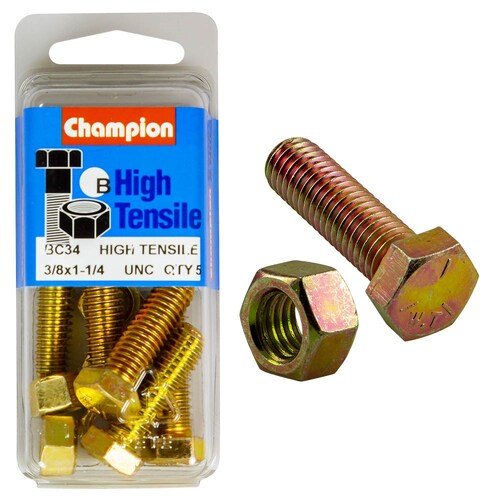 Champion Fasteners Pack Of 5 3/8" X 1-1/4" Unc High Tensile Grade 5 Hex Set Screws And Nuts - 5Pk BC34