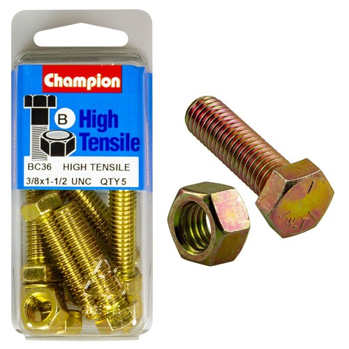 Champion Fasteners Pack Of 5 3/8" X 1-1/2" Unc High Tensile Grade 5 Hex Set Screws And Nuts - 5Pk BC36