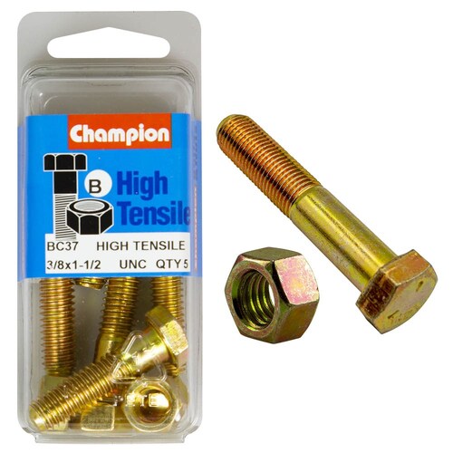 Champion Fasteners Pack of 5 3/8" X 1-1/2" Unc High Tensile Grade 5 Hex Bolts And Nuts - Zinc Plated 5PK BC37