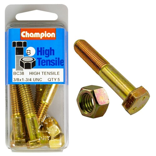 Champion Fasteners Pack of 5 3/8" X 1-3/4" Unc High Tensile Grade 5 Hex Bolts And Nuts - Zinc Plated 5PK BC38