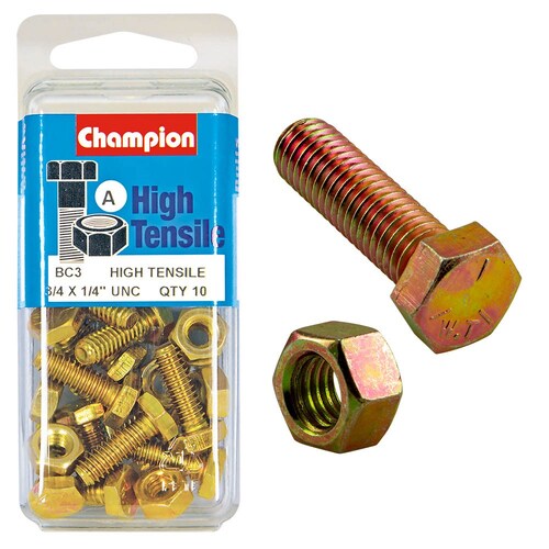 Champion Fasteners Pack Of 10 1/4" X 3/4" Unc High Tensile Grade 5 Hex Set Screws And Nuts - Zinc Plated 10PK BC3
