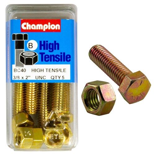 Champion Fasteners Pack of 5 3/8" X 2" Unc High Tensile Grade 5 Hex Set Screws And Nuts - Zinc Plated (5 Pack) 5PK BC40