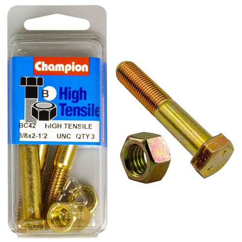Champion Fasteners Pack Of 3 3/8" X 2-1/2" Unc High Tensile Grade 5 Hex Bolts And Nuts - Zinc Plated (3 Pack) 3PK BC42
