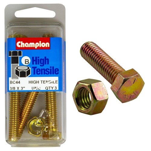 Champion Fasteners Pack Of 3 3/8" X 3" Unc High Tensile Grade 5 Hex Set Screws And Nuts - Zinc Plated (3 Pack) 3PK BC44