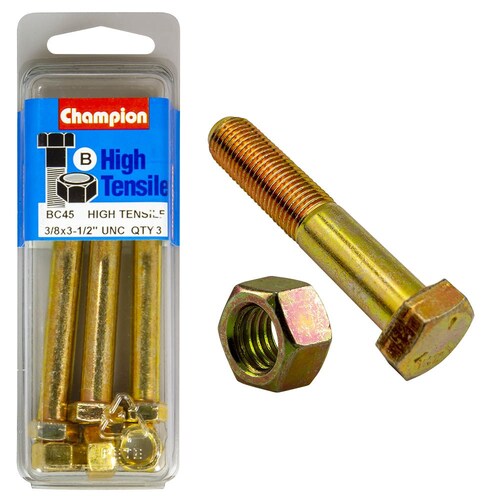 Champion Fasteners Pack Of 3 3/8" X 3-1/2" Unc High Tensile Grade 5 Hex Bolts And Nuts - Zinc Plated (3 Pack) 3PK BC45