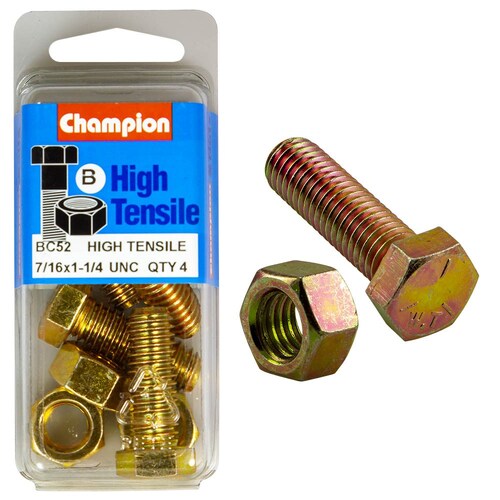 Champion Fasteners Pack of 4 7/16" X 1-1/4" Unc High Tensile Grade 5 Hex Set Screws And Nuts - 4PK BC52