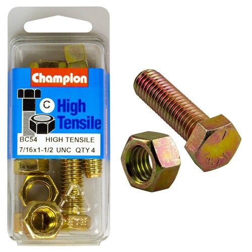 Champion Fasteners Pack of 4 7/16" X 1-1/2" Unc High Tensile Grade 5 Hex Set Screws And Nuts - 4PK BC54