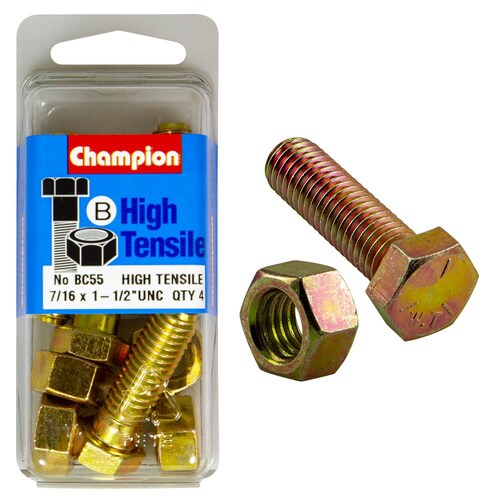 Champion Fasteners Pack of 4 7/16" X 1-1/2" Unc High Tensile Grade 5 Hex Bolts And Nuts - Zinc Plated (4 Pack) 4PK BC55