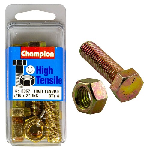 Champion Fasteners Pack of 4 7/16" X 2" Unc High Tensile Grade 5 Hex Bolts And Nuts - Zinc Plated (4 Pack) 4PK BC57