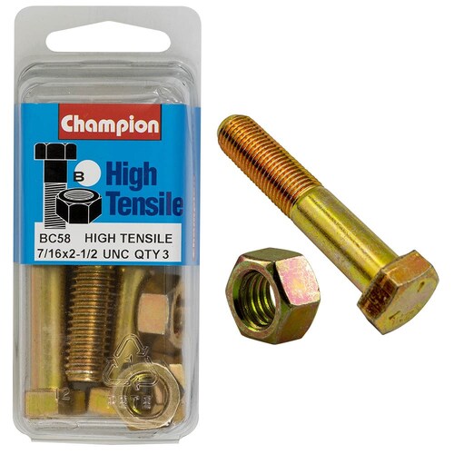 Champion Fasteners Pack Of 3 7/16" X 2-1/2" Unc High Tensile Grade 5 Hex Bolts And Nuts - Zinc Plated (3 Pack) 3PK BC58