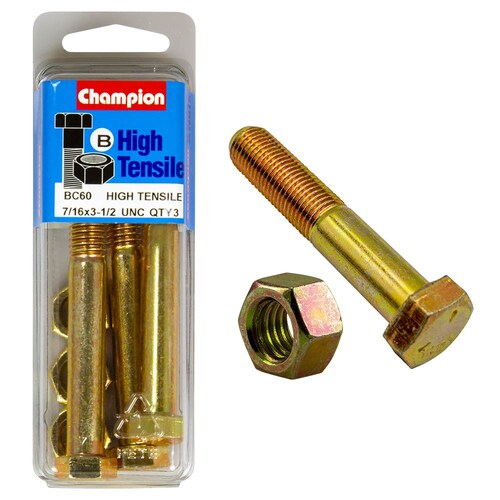 Champion Fasteners Pack Of 3 7/16" X 3-1/2" Unc High Tensile Grade 5 Hex Bolts And Nuts - Zinc Plated (3 Pack) 3PK BC60