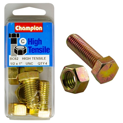 Champion Fasteners Pack of 4 1/2" X 1" Unc High Tensile Grade 5 Hex Set Screws And Nuts - Zinc Plated (4 Pack)  4PK BC62