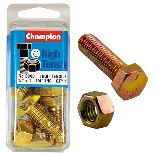 Champion Fasteners Pack of 4 1/2" X 1-1/4" Unc High Tensile Grade 5 Hex Set Screws And Nuts - 4PK BC63