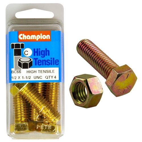 Champion Fasteners Pack of 4 1/2" X 1-1/2" Unc High Tensile Grade 5 Hex Set Screws And Nuts - 4PK  BC66