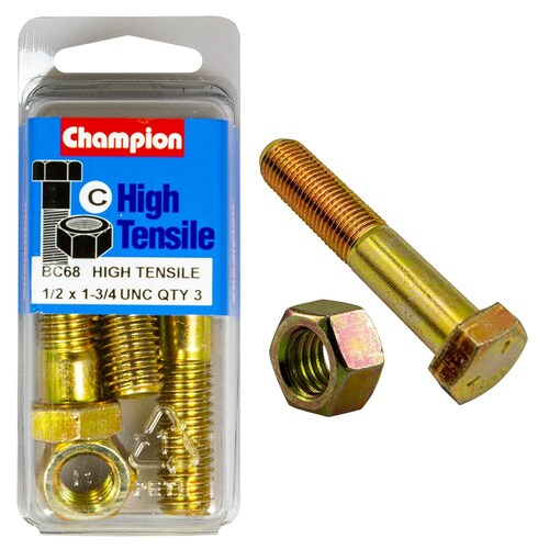 Champion Fasteners Pack Of 3 1/2" X 1-3/4" Unc High Tensile Grade 5 Hex Bolts And Nuts - Zinc Plated (3 Pack) 3PK BC68