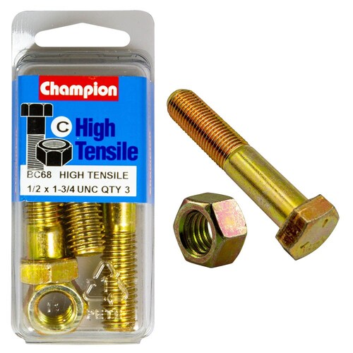 Champion Fasteners Pack Of 3 1/2" X 1-3/4" Unc High Tensile Grade 5 Hex Bolts And Nuts - Zinc Plated (3 Pack) 3PK BC68