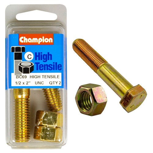 Champion Fasteners Pack Of 2 1/2" X 2" Unc High Tensile Grade 5 Zinc Plated Hex Bolts And Nuts 2PK BC69