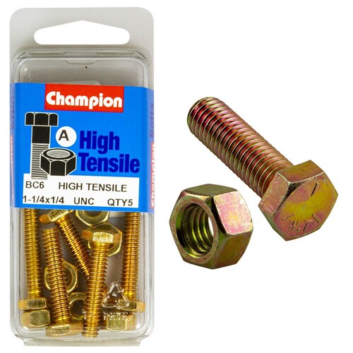 Champion Fasteners Pack of 5 1/4" X 1/2" Unc High Tensile Grade 5 Hex Set Screws And Nuts - 5Pk  1/4" x 1/2" BC6