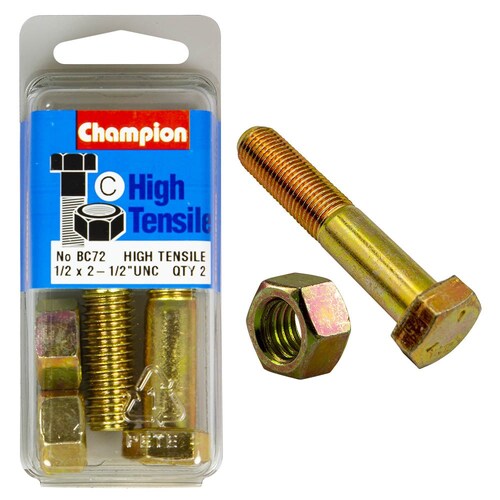 Champion Fasteners Pack Of 2 1/2" X 2-1/2" Unc High Tensile Grade 5 Hex Bolts And Nuts - 2  2PK  BC72