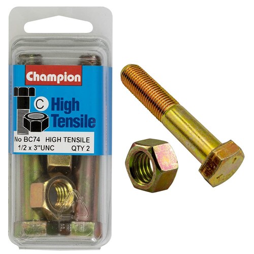 Champion Fasteners Pack Of 2 1/2" X 3" Unc High Tensile Grade 5 Zinc Plated Hex Bolts And Nuts 2PK BC74