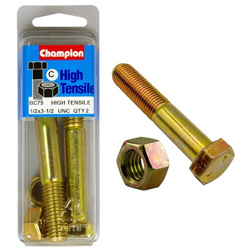 Champion Fasteners Pack Of 2 1/2" X 3-1/2" Unc High Tensile Grade 5 Hex Bolts And Nuts - 2PK 1/2" x 3-1/2" BC75