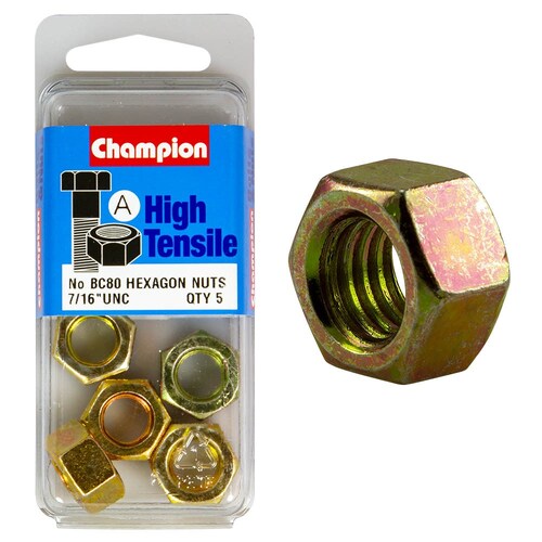 Champion Fasteners Pack Of 5 7/16" Unc High Tensile Grade Zinc Plated Plain Hex Nuts 5PK BC80
