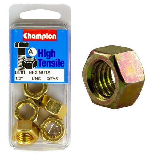 Champion Fasteners Pack Of 5 1/2" Unc High Tensile Grade Zinc Plated Plain Hex Nuts 5PK BC81